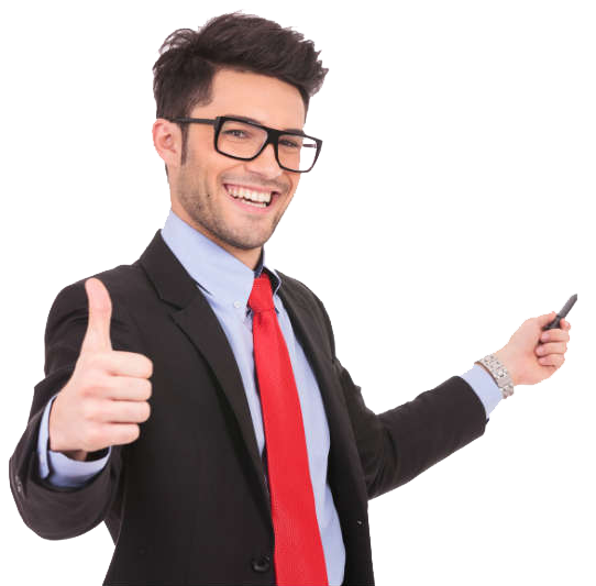 Man in suit, glasses, giving thumbs up, holding pen, smiling. Red tie.