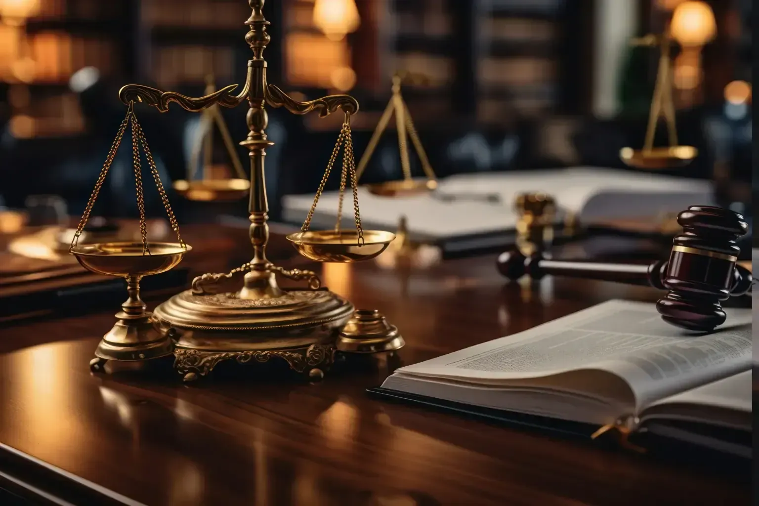 Golden scales and gavel on a wooden desk with open books in a law library setting.