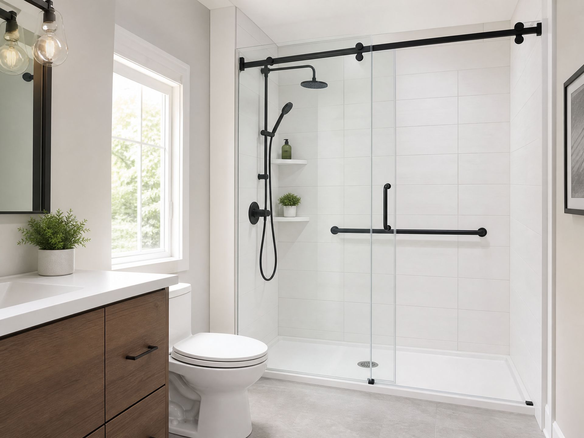 tub-to-shower conversion with white tiles and black matte fixtures