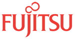 A red fujitsu logo on a white background.
