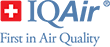The logo for iqair is blue and red and says `` first in air quality ''.