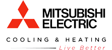 The logo for mitsubishi electric cooling and heating is on a white background.