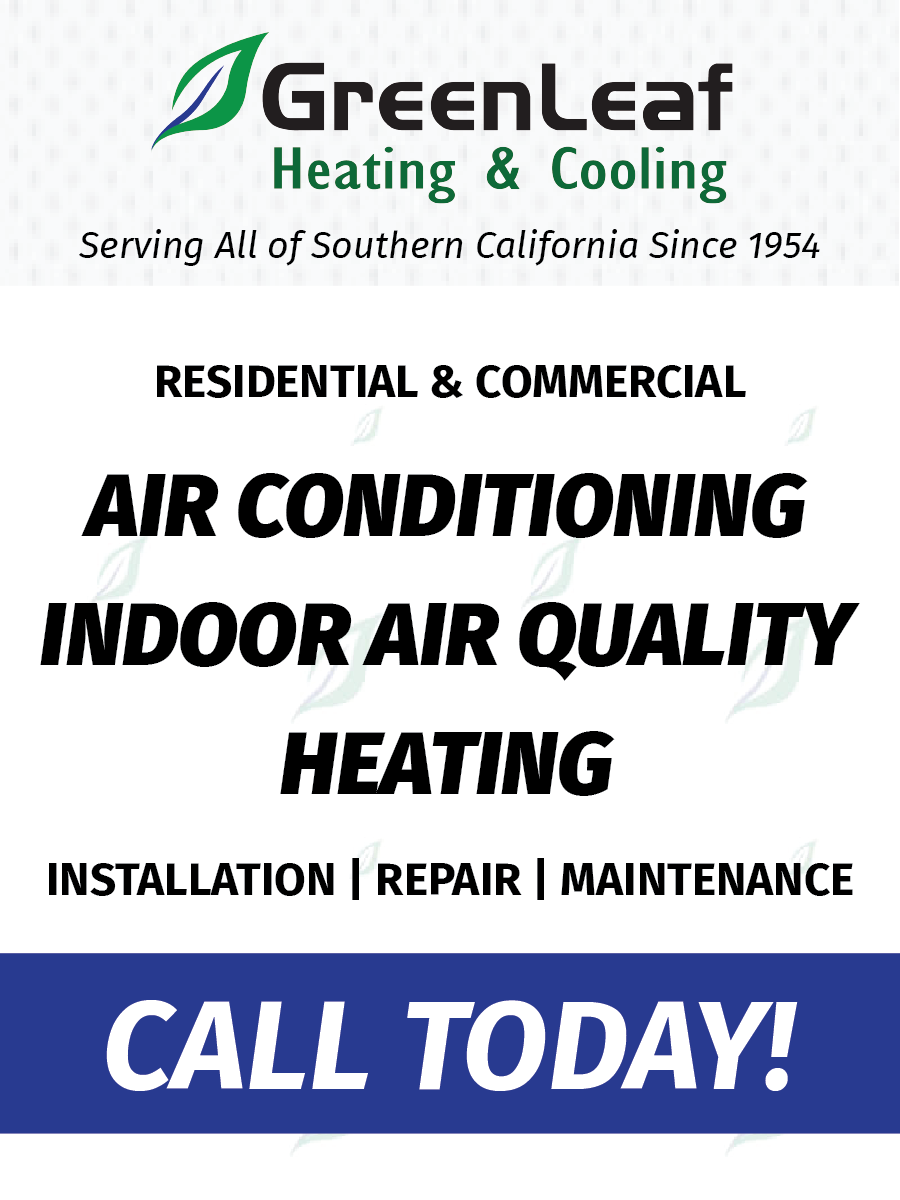 Advertisement for GreenLeaf Heating & Cooling, offering residential and commercial installation, repair, and maintenance.