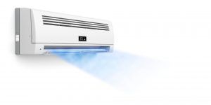 A white air conditioner is blowing blue air on a white background.