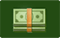 A stack of money with an orange ribbon on a green background.