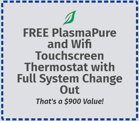Promotional coupon offering a free PlasmaPure and Wi-Fi touchscreen thermostat with a full system change out, $900 value.