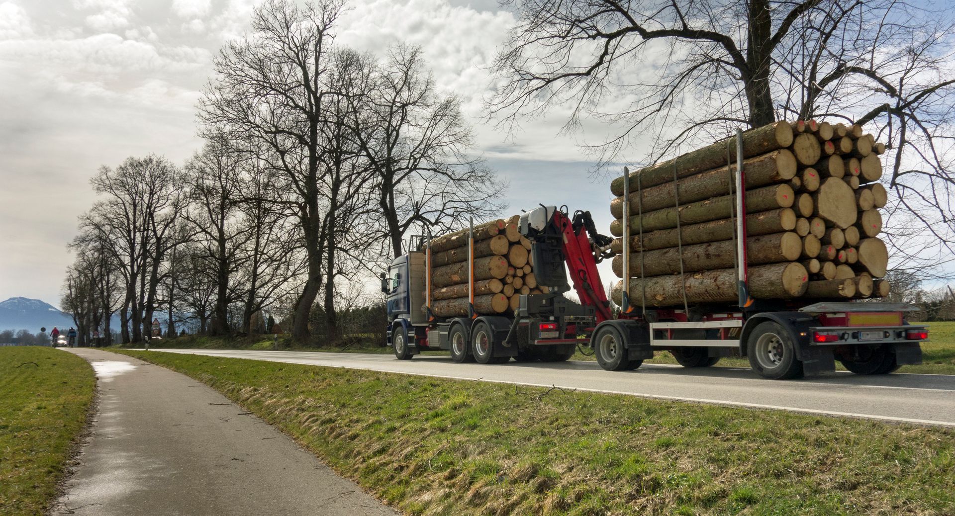 A truck is carrying logs down a road.