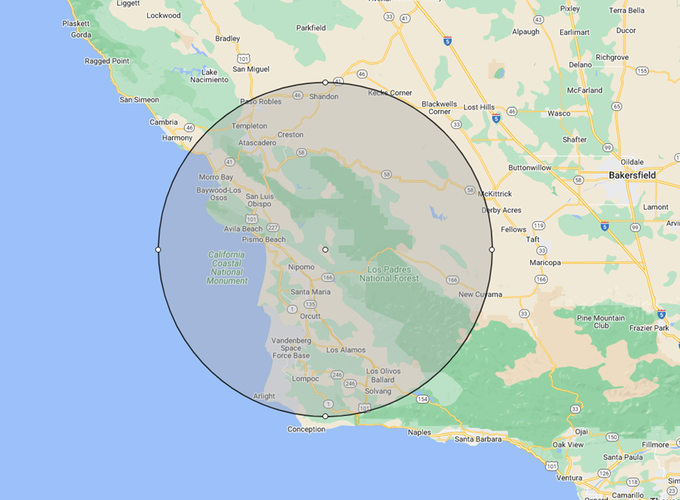 A map of California with a circle around it. A map of california with a circle around it