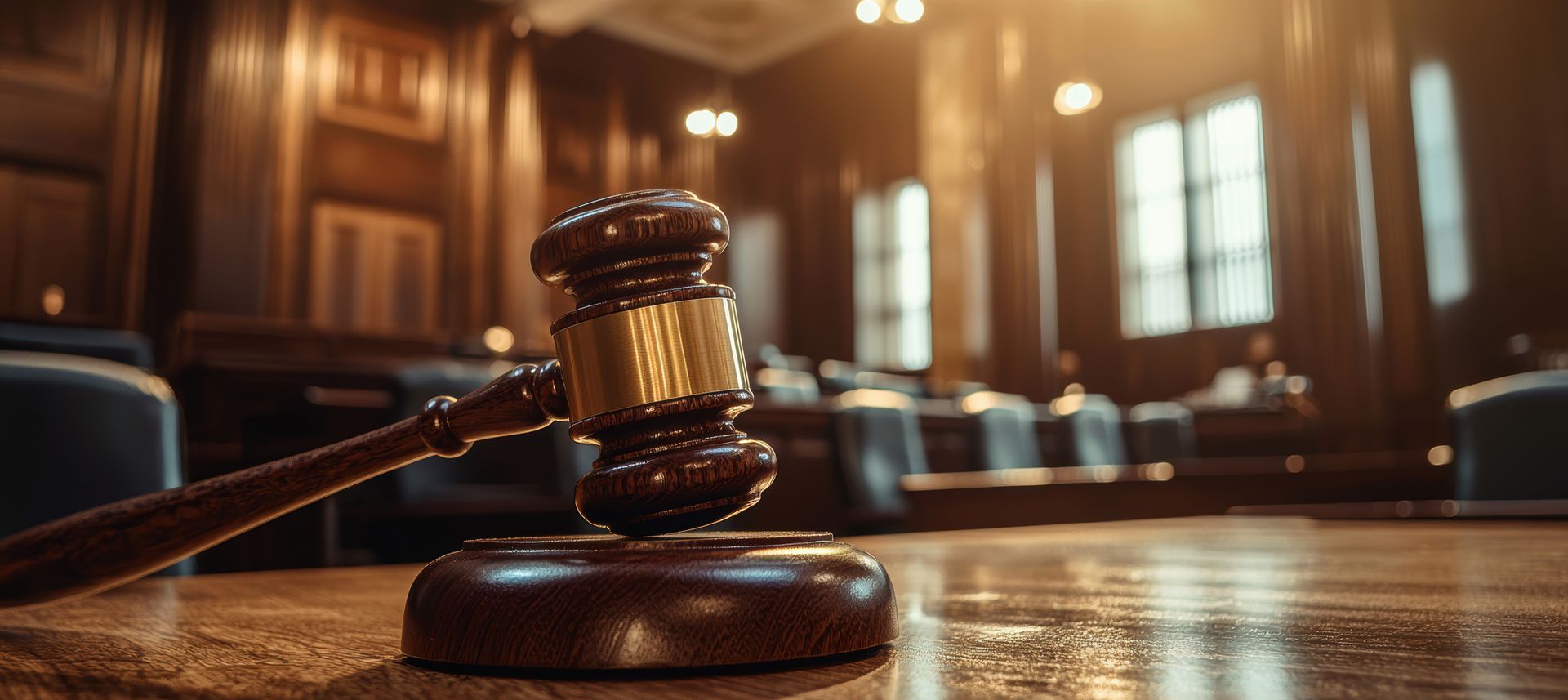A gavel rests on a wooden desk in a courtroom.