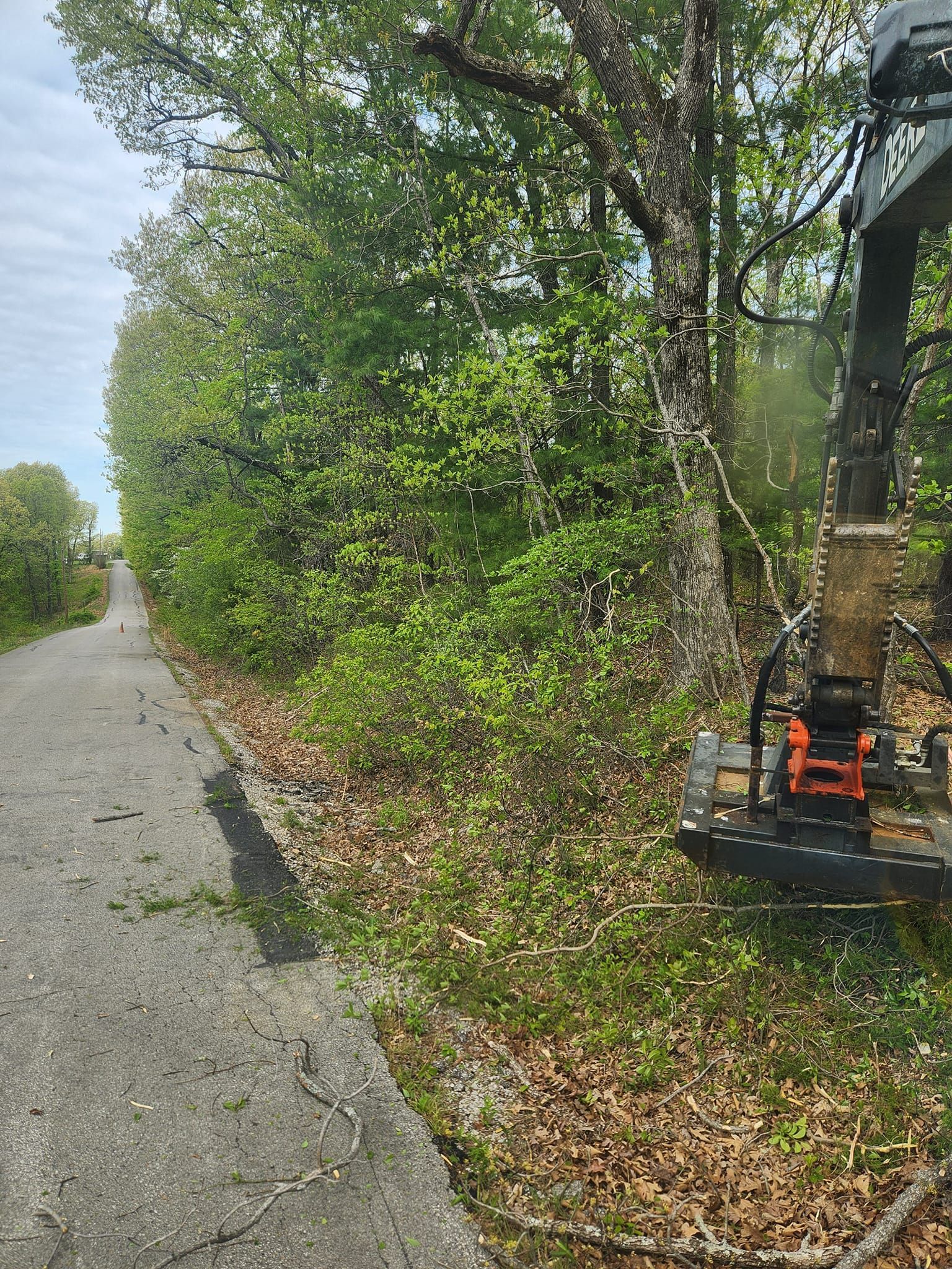 A machine trims overgrown bushes next to a paved pathway, outdoors. Green foliage and a partly cloudy sky are visible.