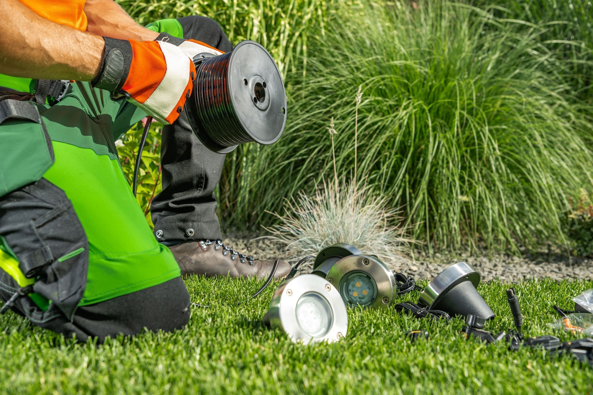 Worker using an angle grinder on a garden tool in grass, with protective gloves and safety gear.