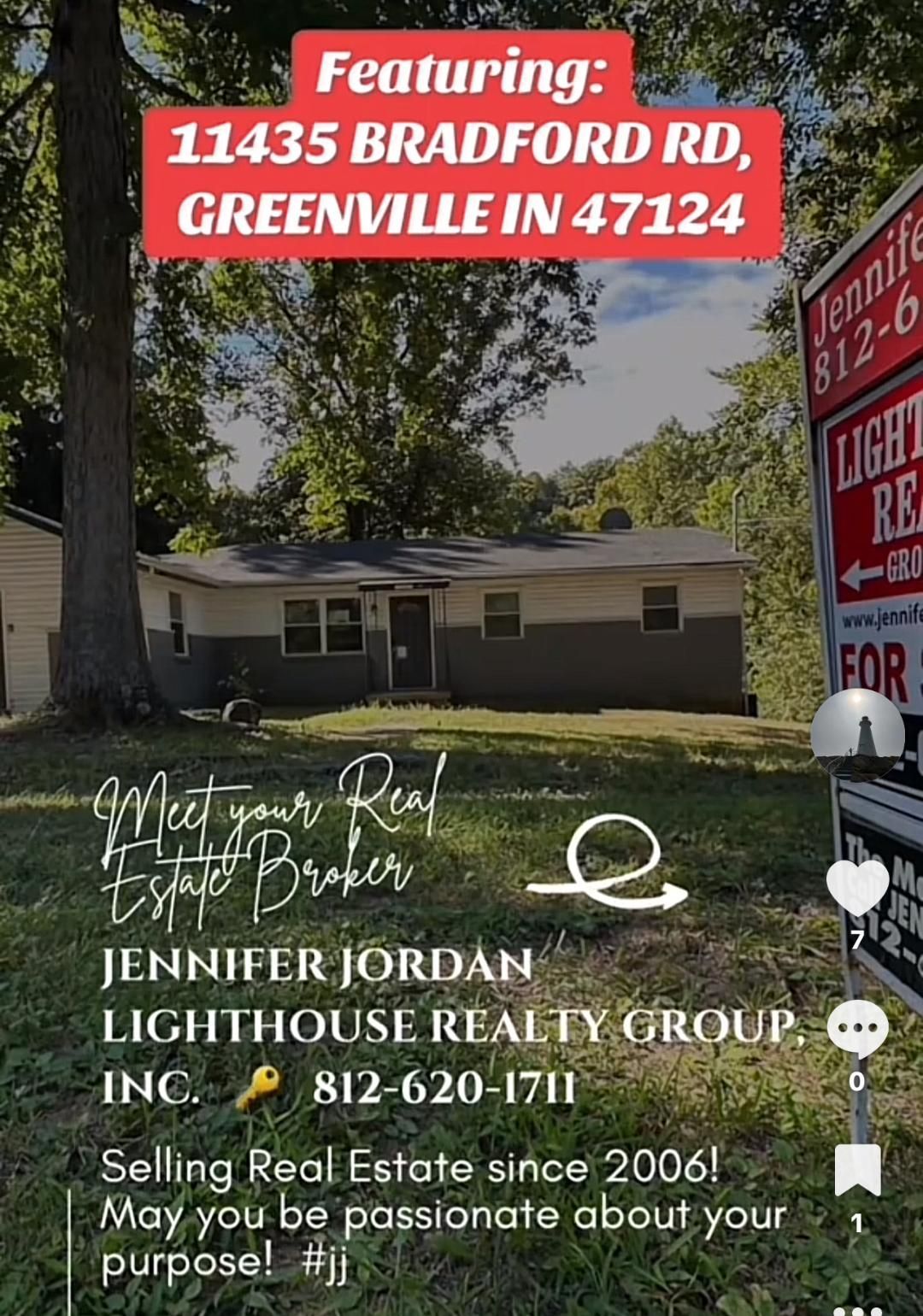 Real estate advertisement featuring a house at 11435 Bradford Rd, Greenville IN. Jennifer Jordan, Lighthouse Realty Group.