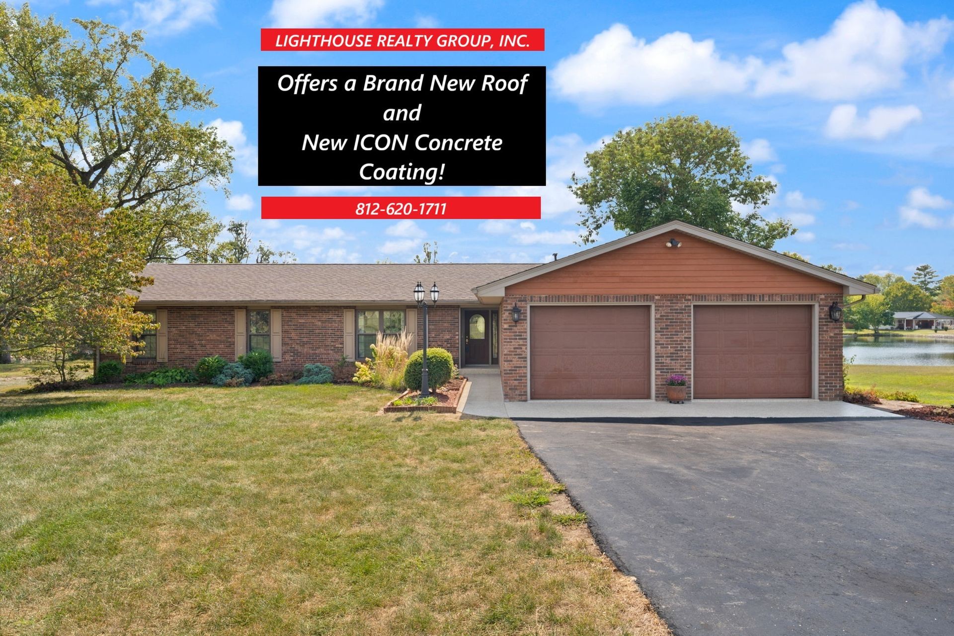 House with a brick exterior, two-car garage, and text offering a new roof and concrete coating.