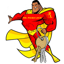 Cartoon superhero in red and yellow, holding a giant key labeled “Mr. Picka-Lock” with keys hanging below