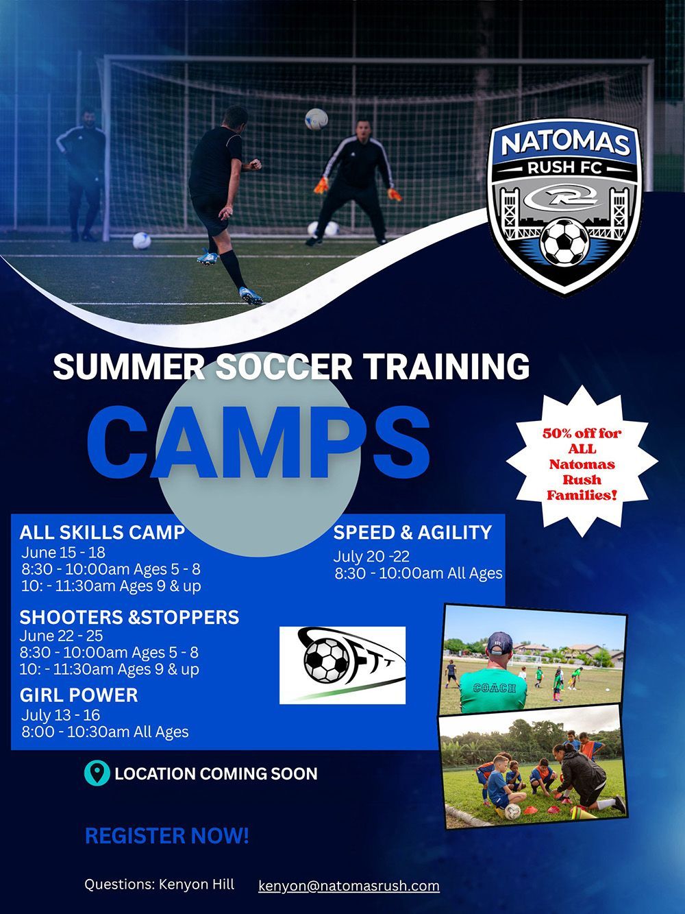 Spring Break soccer camp flyer at Natomas Middle School. March 30th-April 2nd, ages 5-14. Includes pricing and contact information.