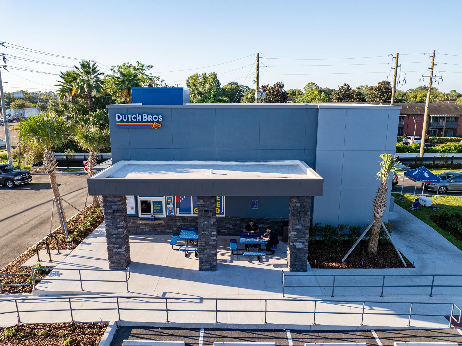 An aerial view of a domino 's pizza restaurant