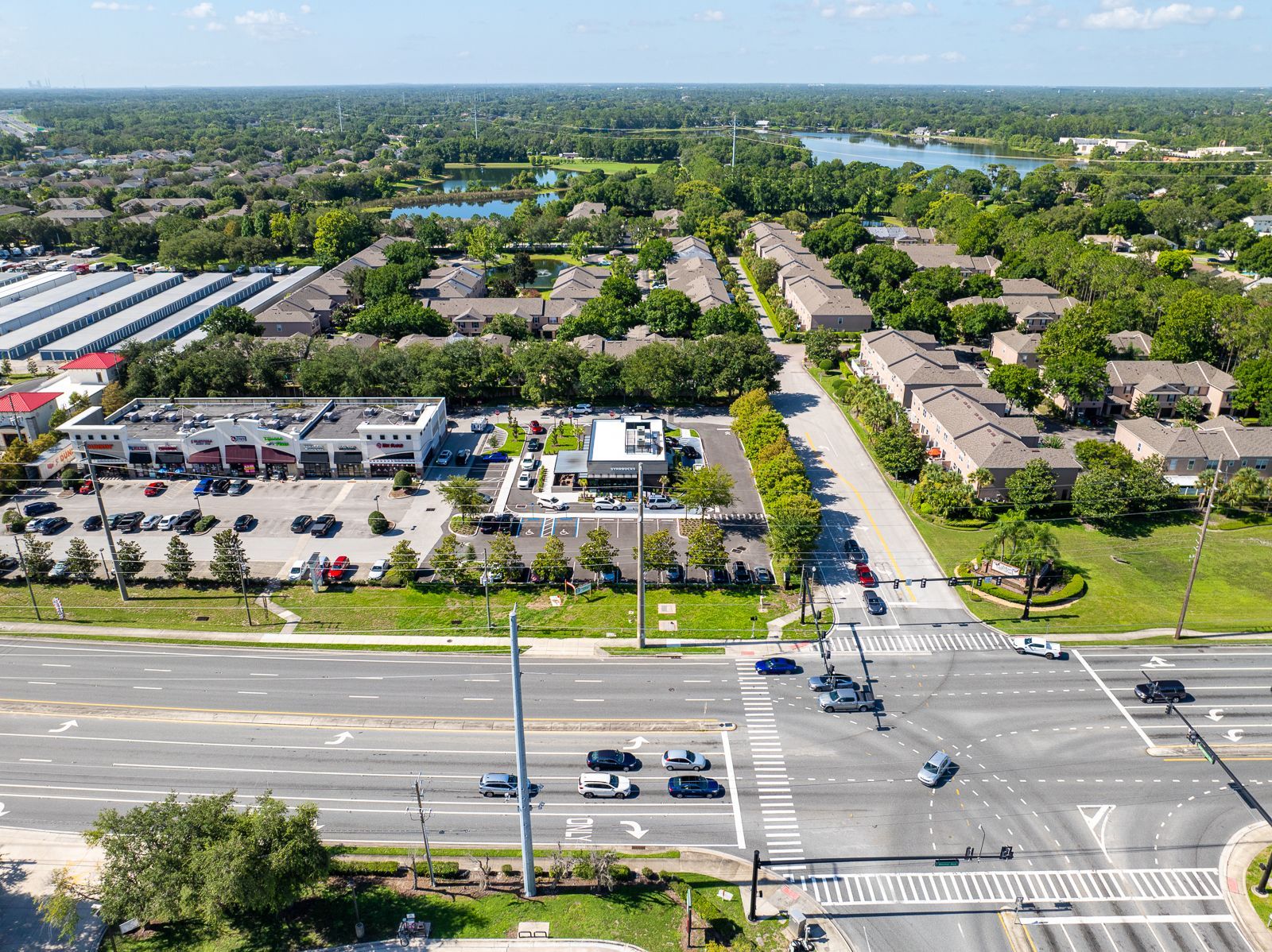 An aerial view of a busy intersection in a residential area.