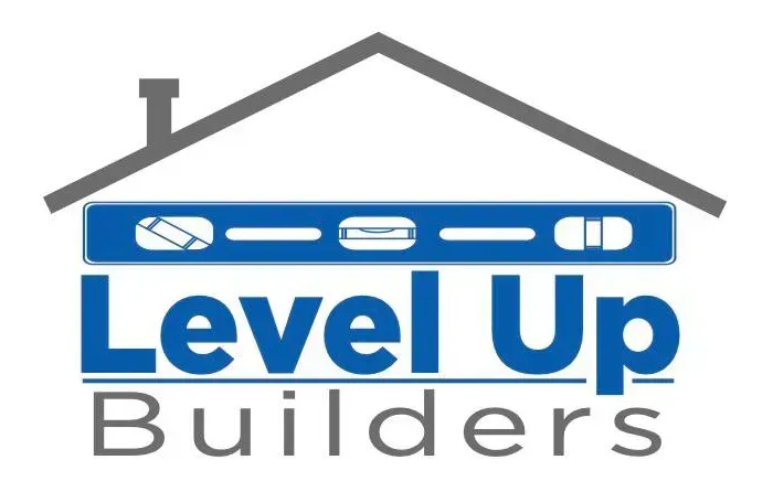 Level Up Builders logo with blue house roof and text