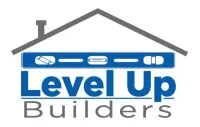 Level Up Builders logo with blue house roof and text