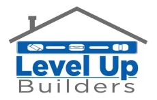 Level Up Builders logo with blue house roof and text
