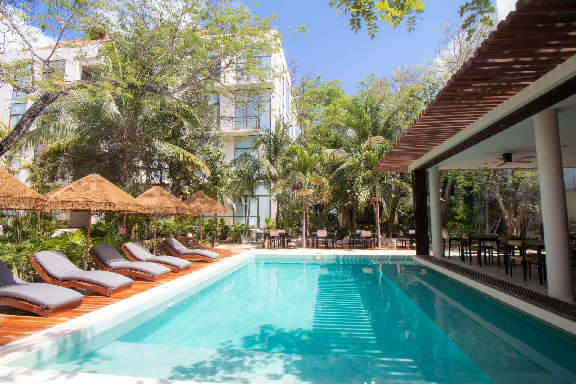 Piscina del complejo con tumbonas y sombrillas junto a un patio sombreado y palmeras.