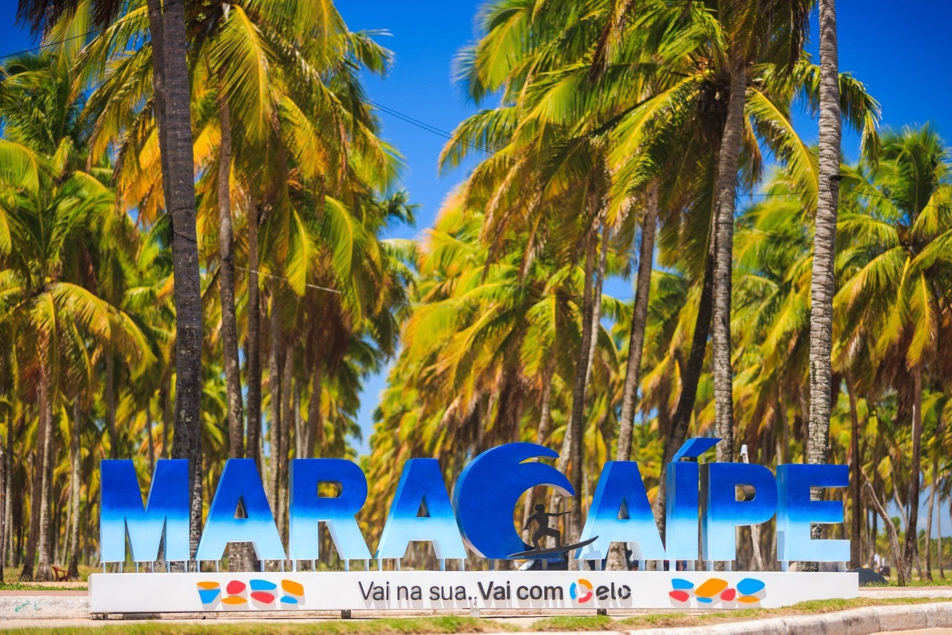 Uma placa que diz 'maraca' em frente às palmeiras