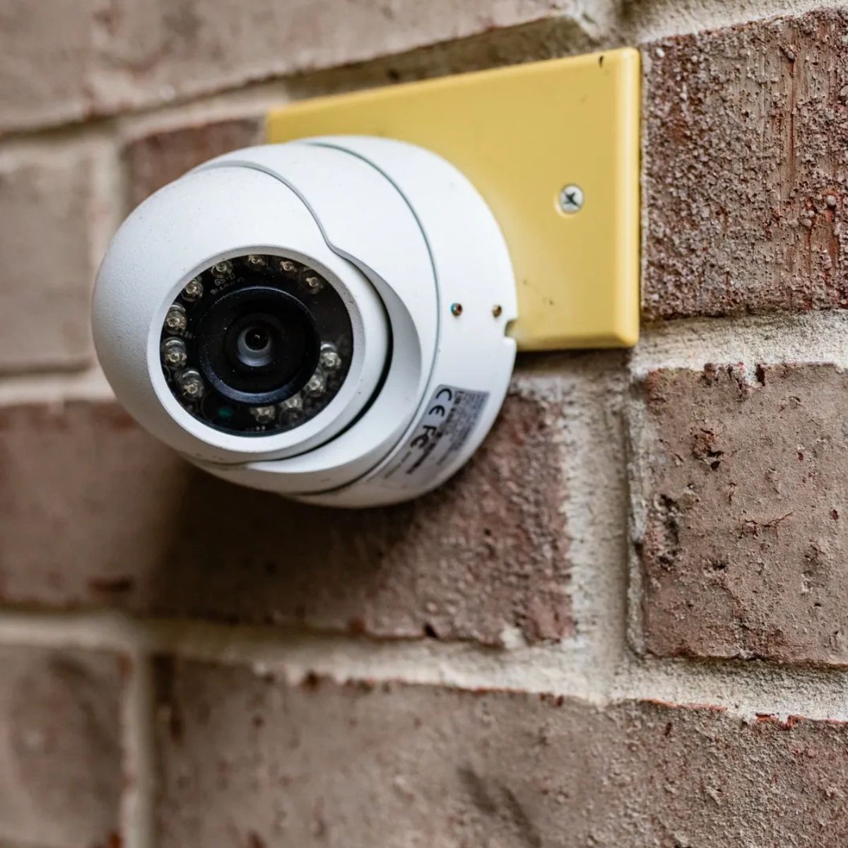 White security camera mounted on a yellow plate against a brick wall.