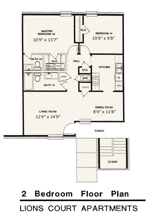 A floor plan for two bedrooms in lions court apartments