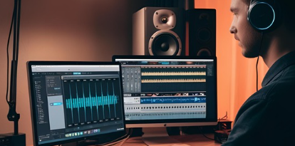 A man wearing headphones is sitting in front of two computer monitors.