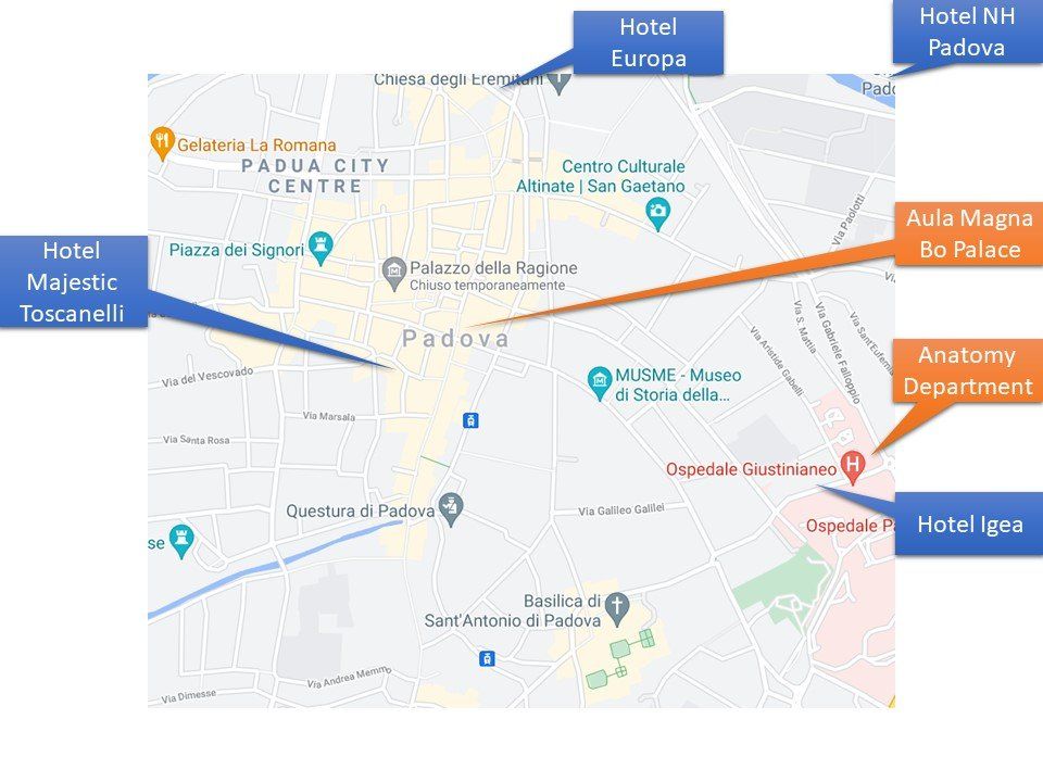A map showing the location of various buildings in a city.