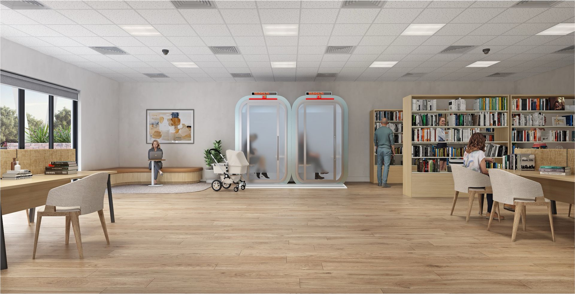 An artist 's impression of a Modvale telehealth pods with people sitting at desks and chairs.