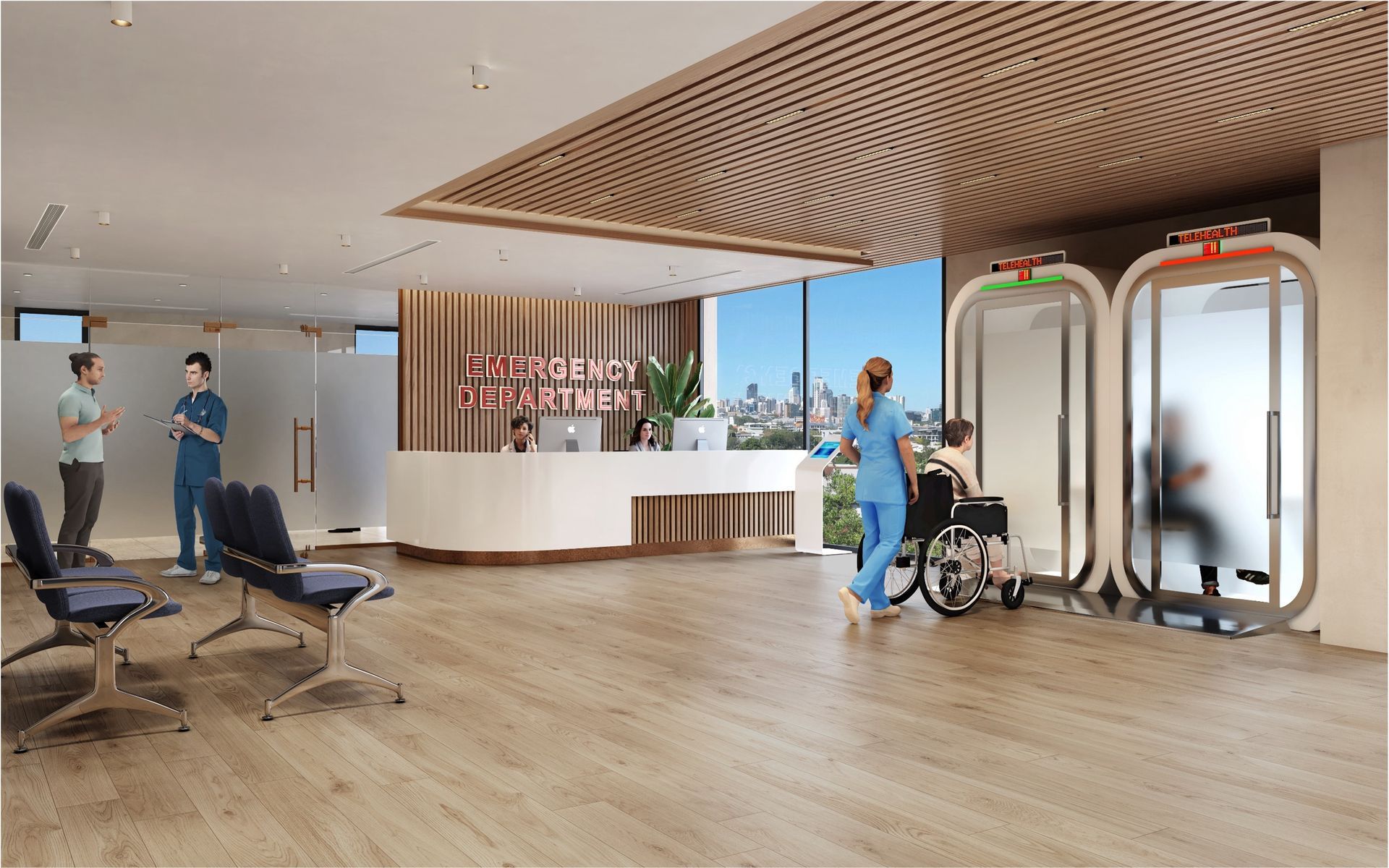 An artist 's impression of a Modvale telehealth pod in a hospital lobby with a nurse pushing a patient in a wheelchair.