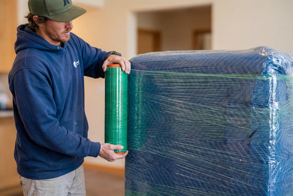 Man wrapping a large blue item with green stretch film indoors