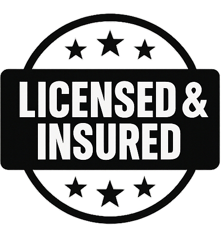 Black-and-white “Licensed & Insured” badge with stars in a circular seal