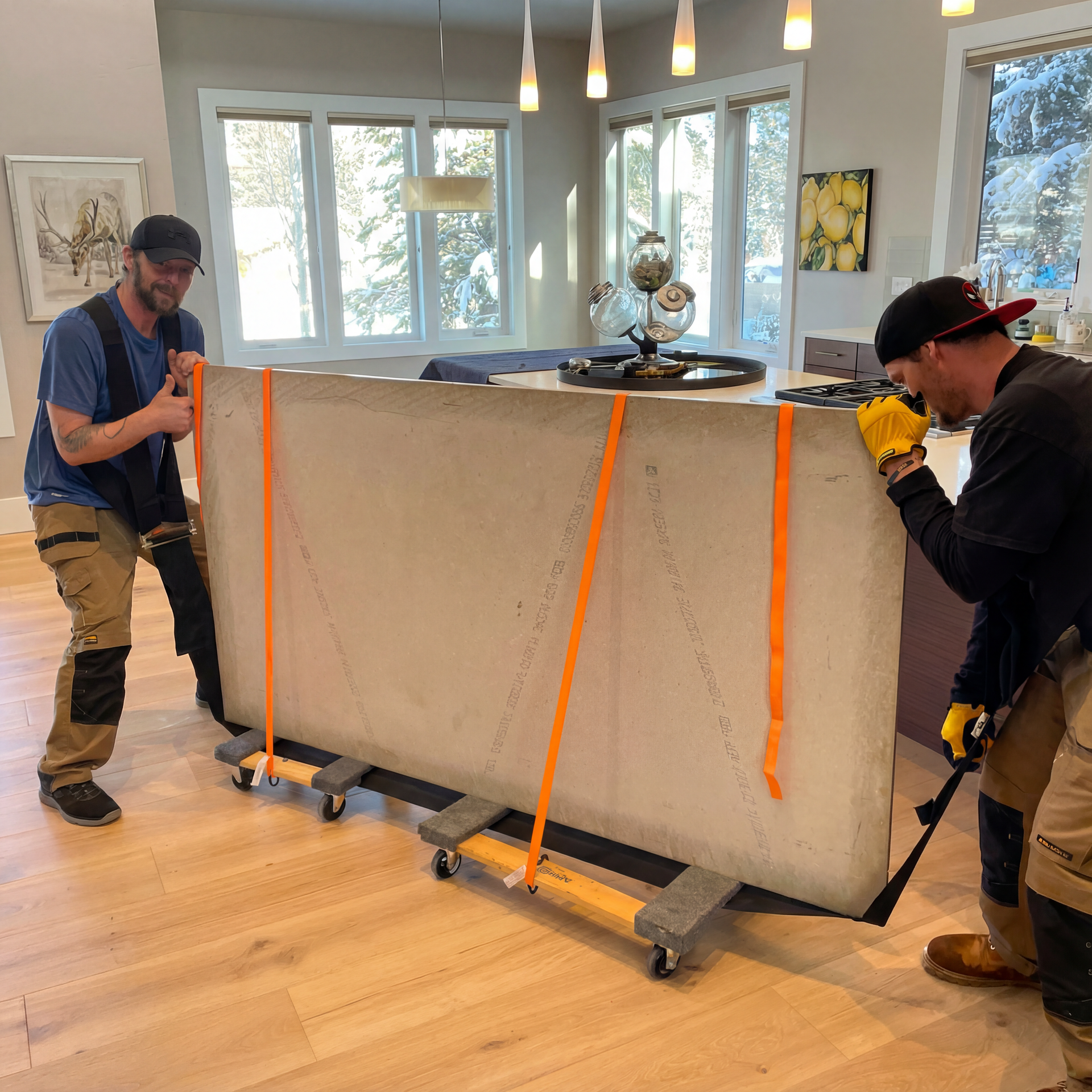 Two men move large stone slab on rollers through a well-lit kitchen, using straps.