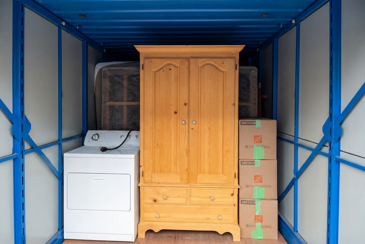 A washer and dryer are sitting inside of a blue container.