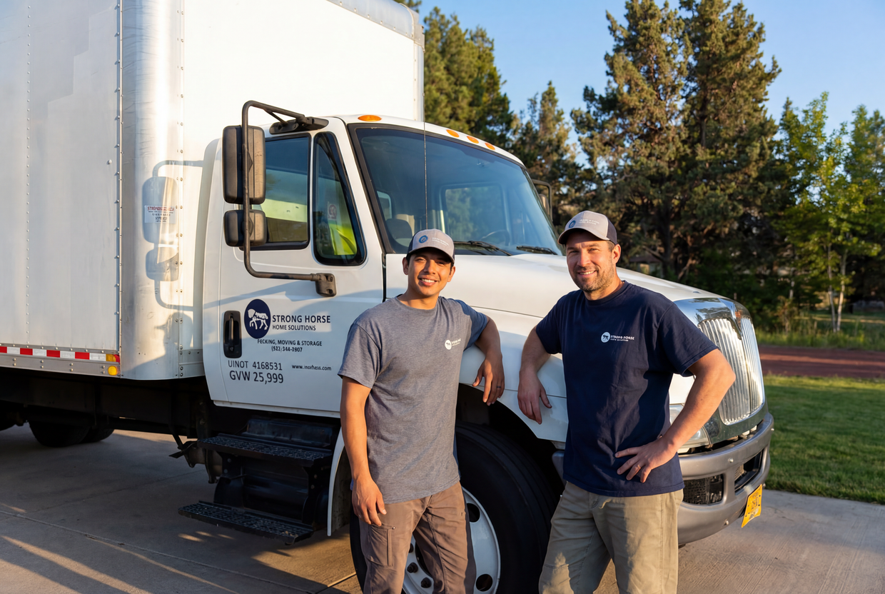 Two workers stand beside a white moving truck in a sunny parking lot.