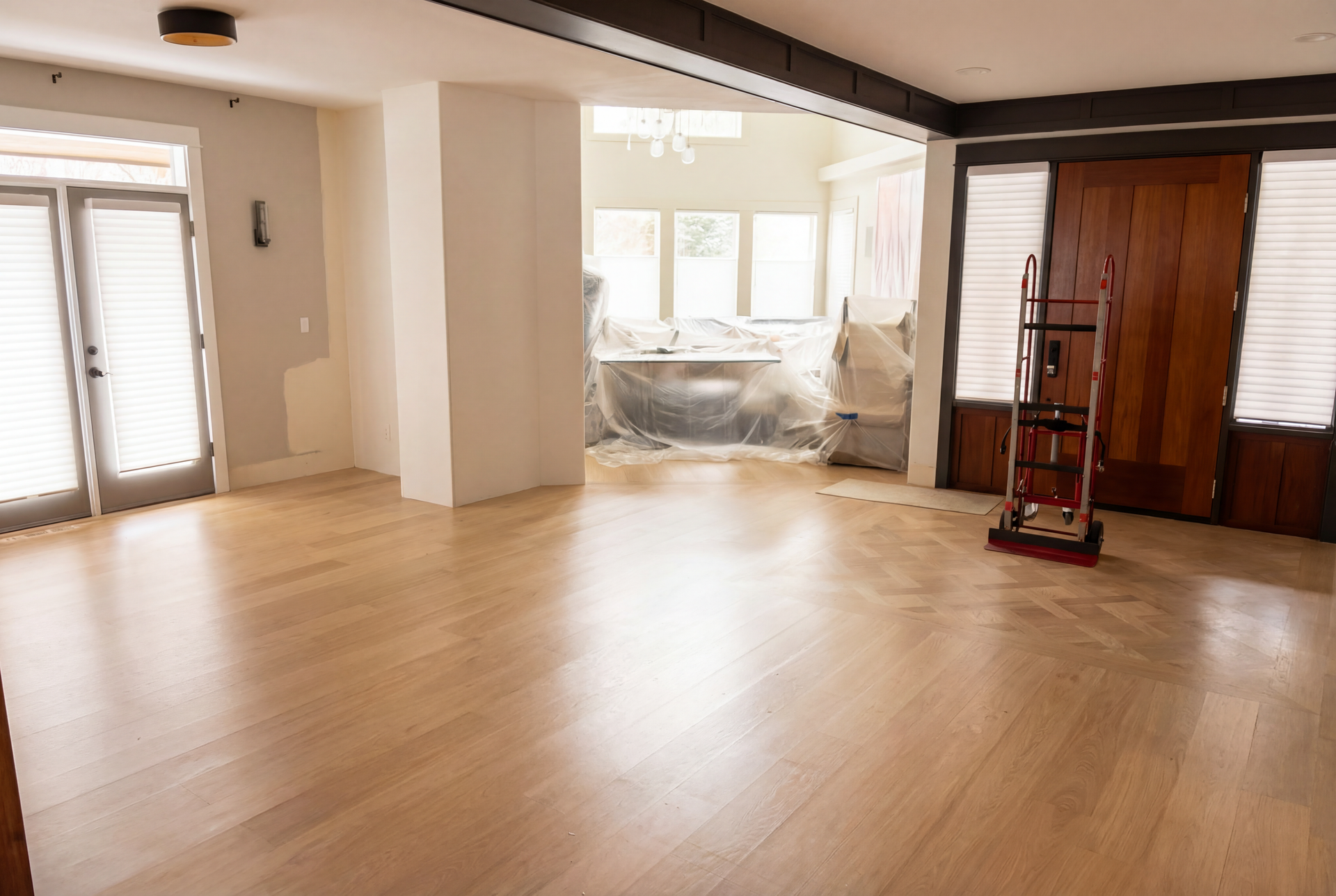 Empty room with light wood floors and large windows. Construction debris covers distant walls.