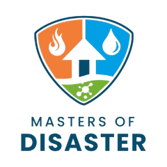 Logo with house and fire symbols above the words “Masters of Disaster”