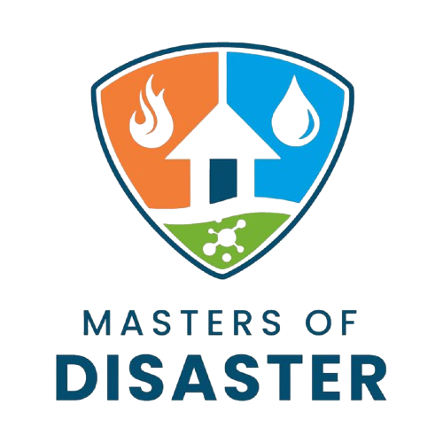 Logo with house, fire and water icons; text reads “Masters of Disaster”