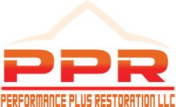 PPR Performance Plus Restoration LLC logo in orange and red with a roof outline above the text