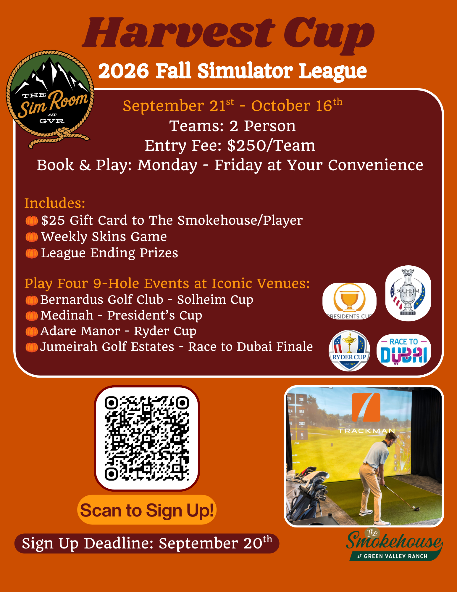 Orange event poster advertising a 4-event golf series with prizes and dates, featuring logos and sponsor text