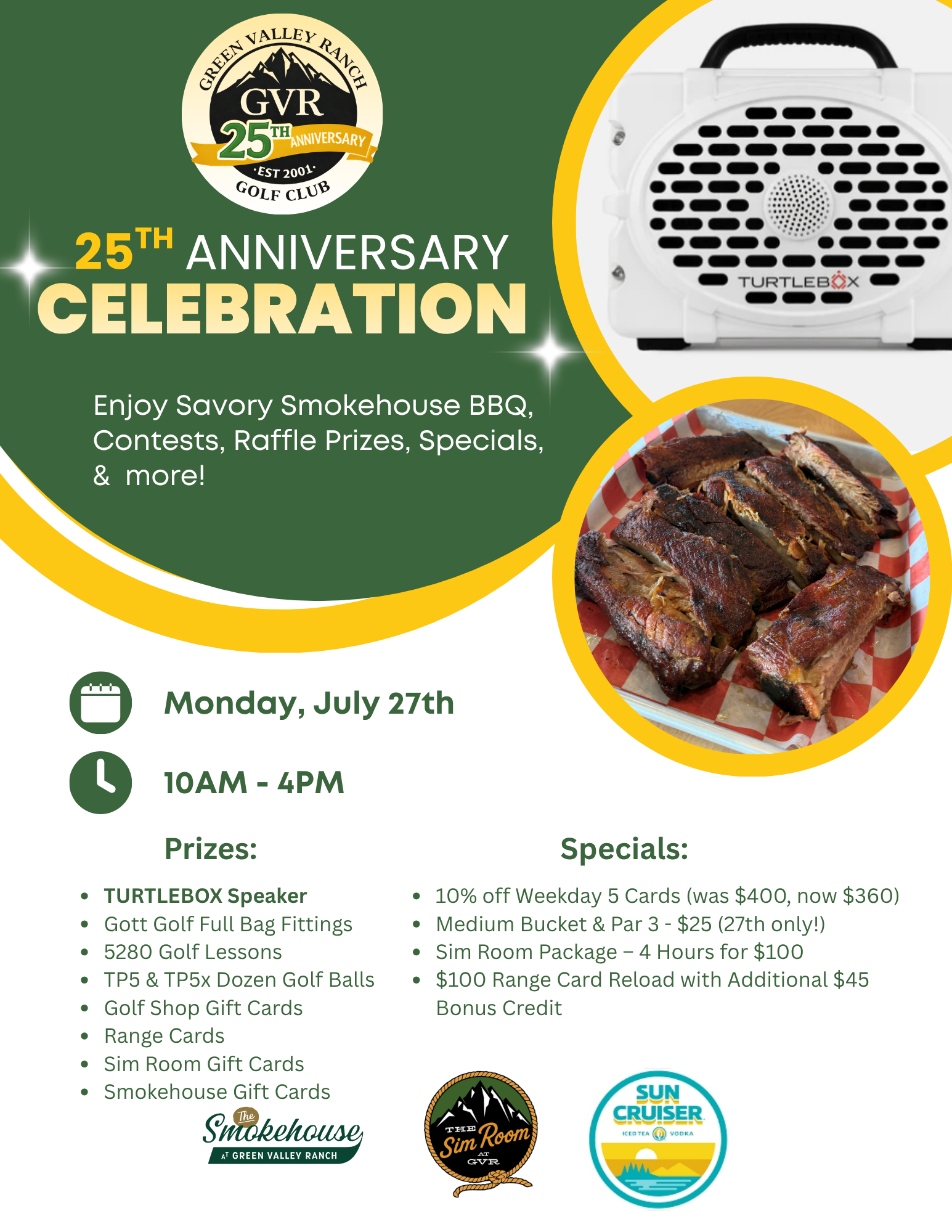 Green Valley Ranch Golf Club 25th Anniversary Event Series flyer with Memorial Day burgers, contests, and raffle prizes
