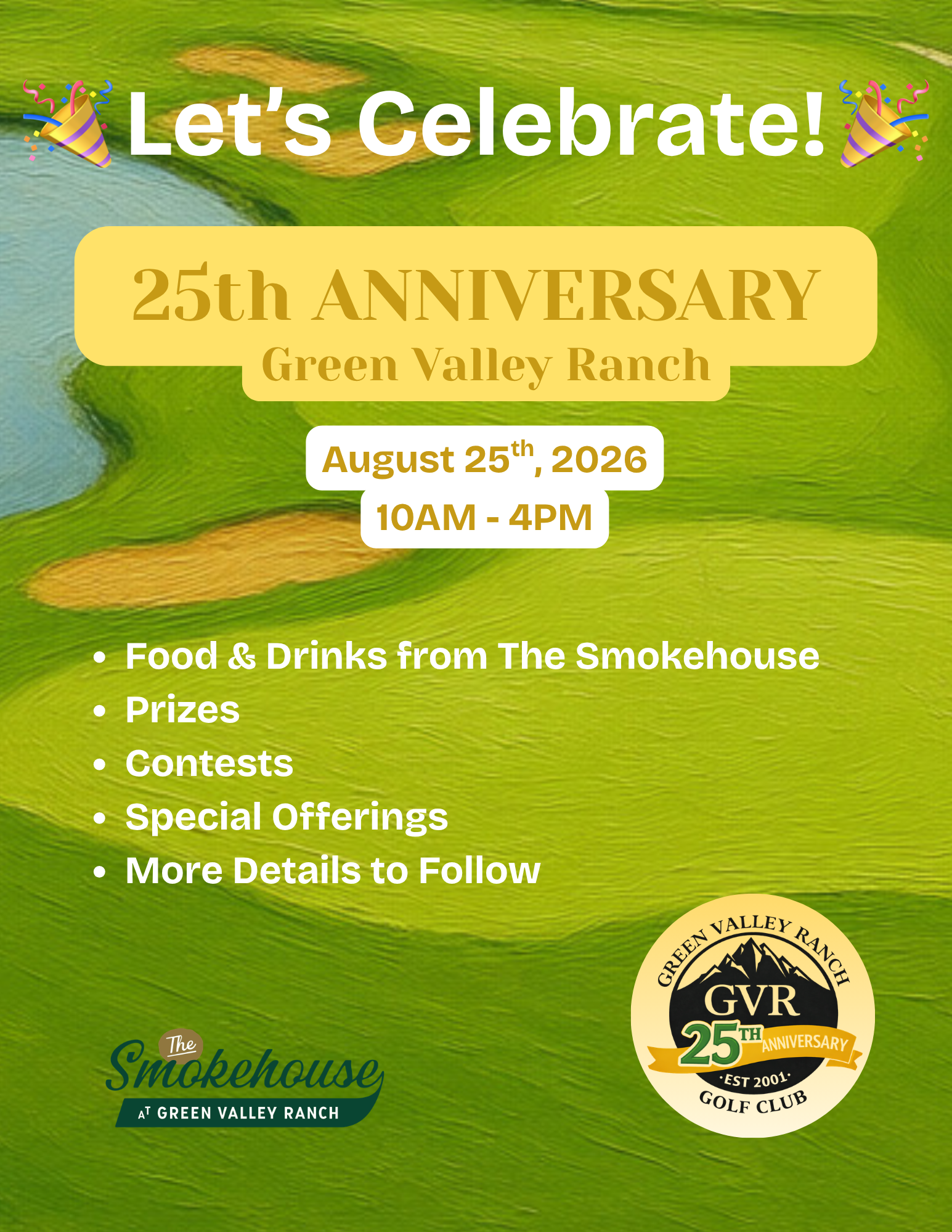 Green Valley Ranch Golf Club 25th Anniversary Event Series flyer with Memorial Day burgers, contests, and raffle prizes