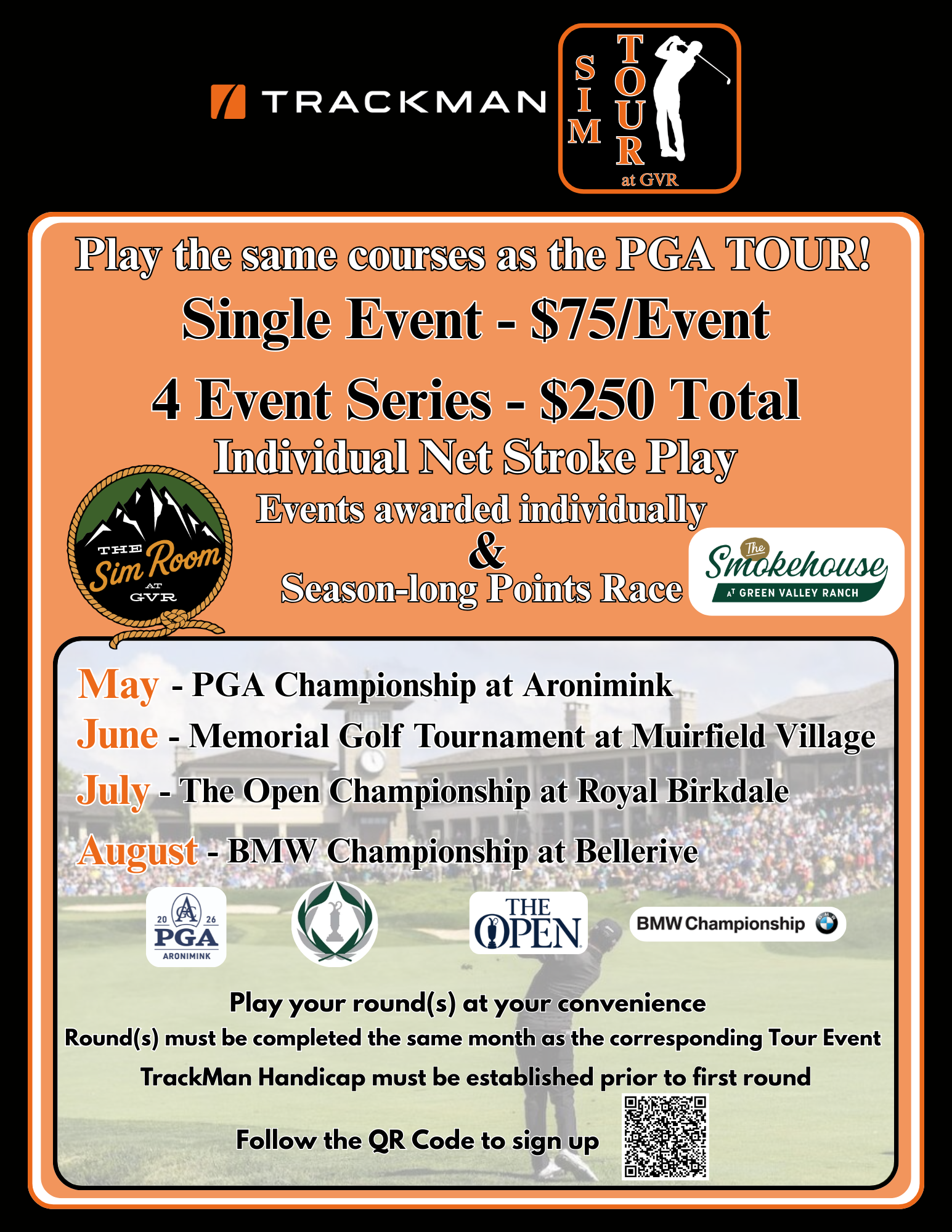 Orange event poster advertising a 4-event golf series with prizes and dates, featuring logos and sponsor text