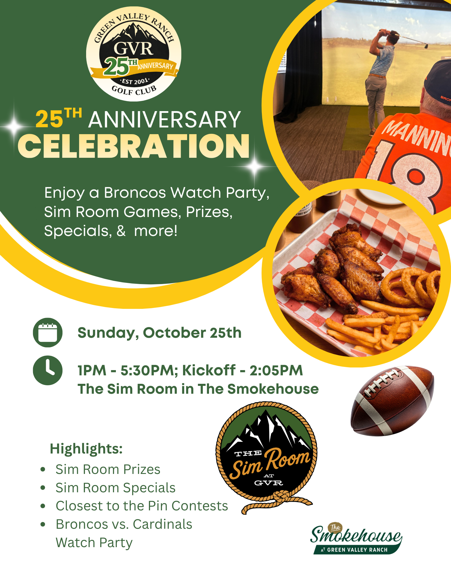 Green Valley Ranch Golf Club 25th Anniversary Event Series flyer with Memorial Day burgers, contests, and raffle prizes
