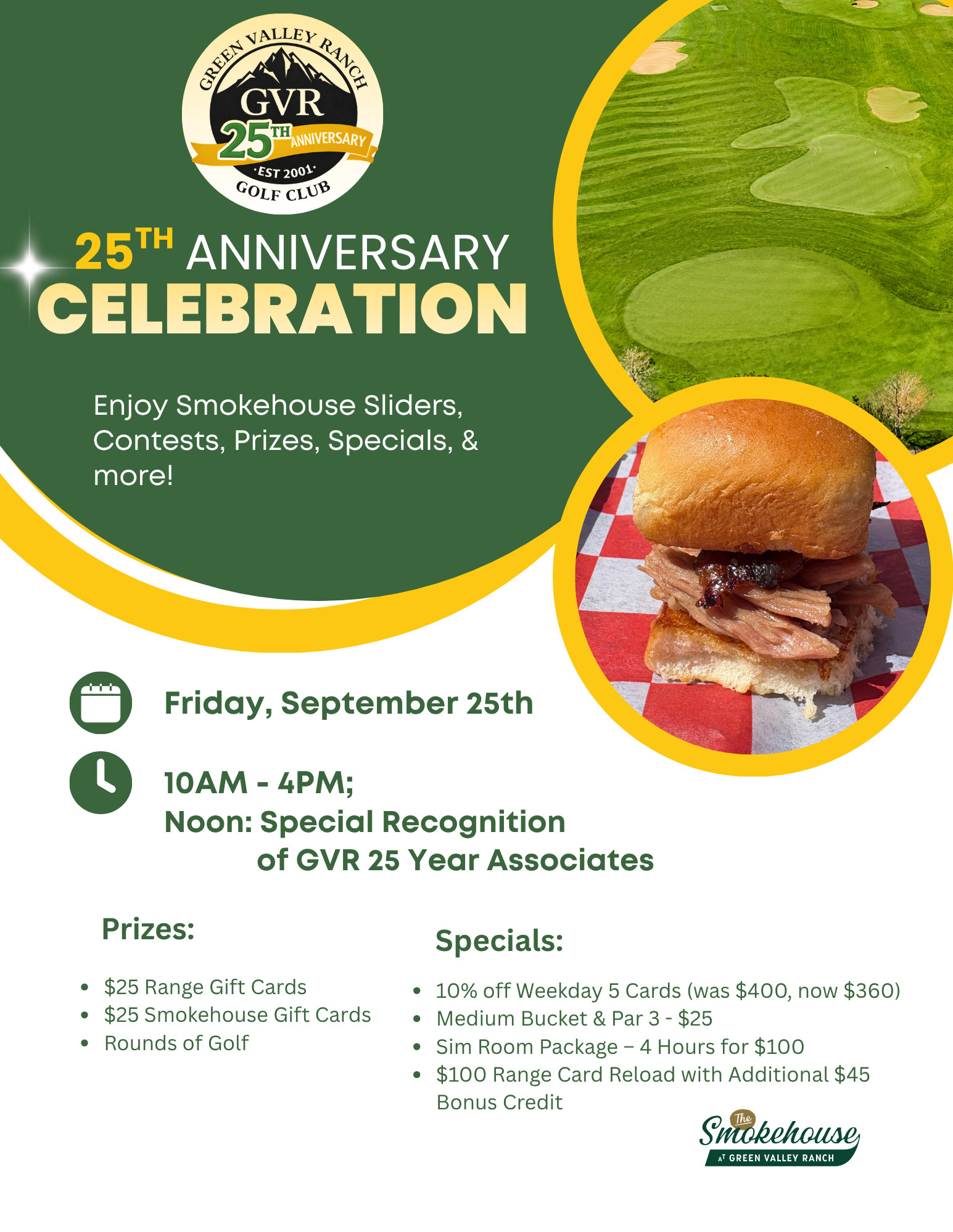 Green Valley Ranch Golf Club 25th Anniversary Event Series flyer with Memorial Day burgers, contests, and raffle prizes