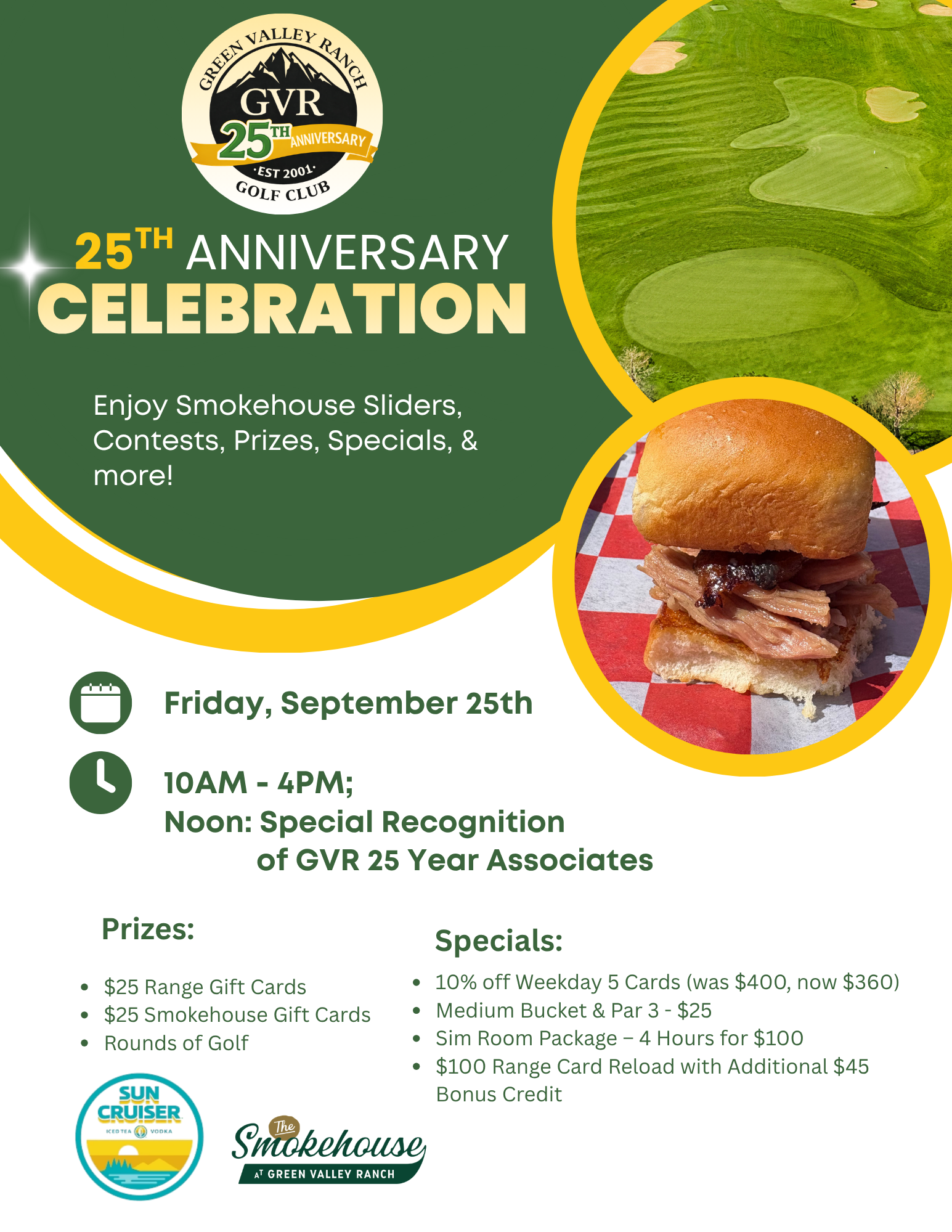 Green Valley Ranch Golf Club 25th Anniversary Event Series flyer with Memorial Day burgers, contests, and raffle prizes