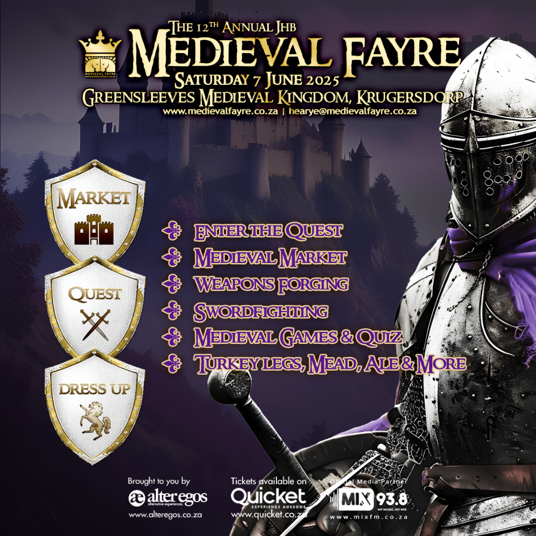 Medieval Faire poster: knight, castle, shields, event details, market, quest, dress-up, and sponsors.