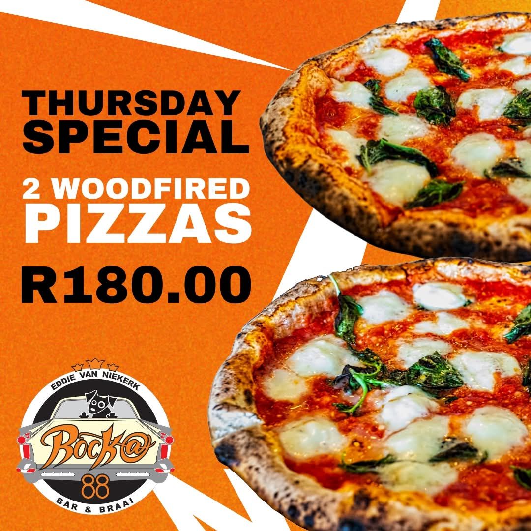 Thursday special: two woodfired pizzas for R180.00. Orange background with pizza images and a logo.